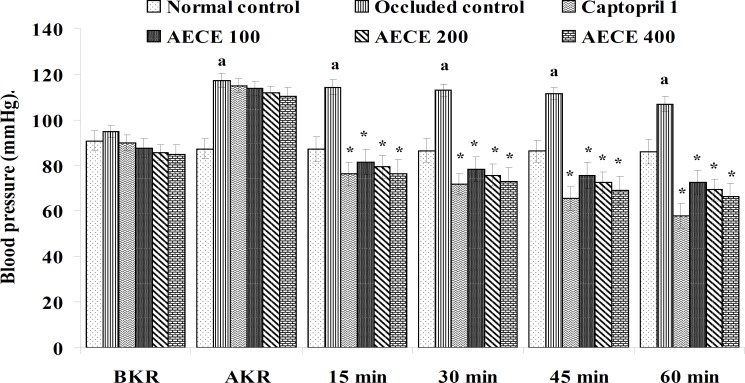 Effect of AECE on BP in renal artery-occluded hypertensive rats. Values are expressed as mean ± SEM (n = 6). ap < 0.05 as compared with normal control (Student t-test), *p < 0.05 as compared with occluded control (one-way ANOVA followed by Dunnett’s test).