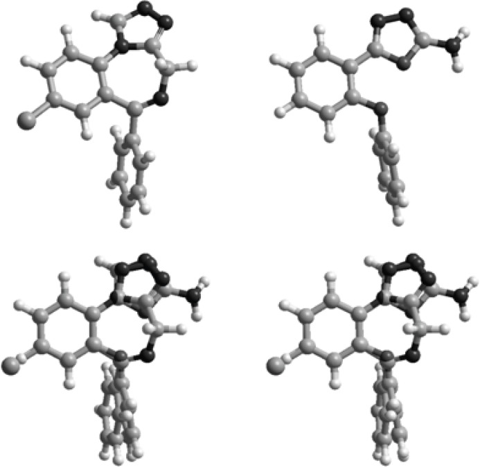 Stereoview of the superimposition of the energy minima conformers of estazolam (left) and compound 9 (right).