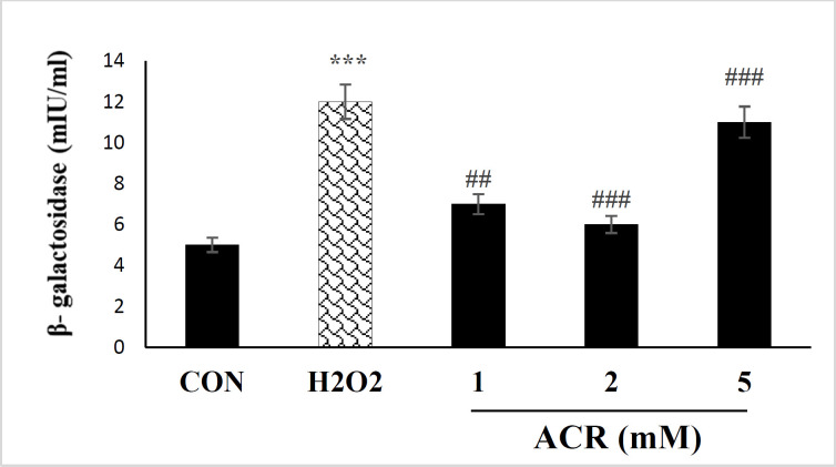 Effects of H2O2 and ACR (1, 2, and 5 mM) on β-galactosidase activity assay in mouse fibroblast cell line NIH-3T3. Values are mean ± SEM. The significance of changes was reported as ***p < 0.001 versus the control group, ###p < 0.001 versus H2O2 group
