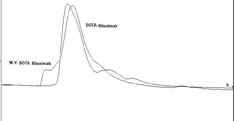 Overlapping HPLC chromatograms of 90Y-DOTA-Rituximab and DOTA-Rituximab.