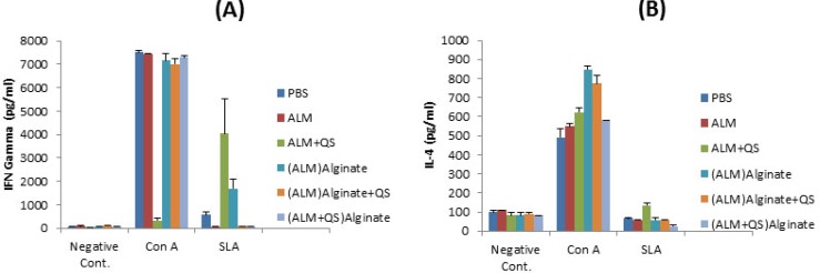 Splenic T-cell responses of BALB/c mice immunized SC, three times in 3 weeks intervals, with (ALM+QS)ALG, (ALM)ALG+QS, (ALM)ALG, ALM+QS, ALM or PBS. Twenty days after the last booster, their spleens were removed and the splenocytes were stimulated in vitro with either SLA (5 μg/ml) or SLA (10 μg/ml), concanavalin A (2.5 μg/ml), or with no stimulation. Production of IFN-γ (A) and IL-4 (B) were assessed on culture supernatants collected at 72 h of in vitro incubation using sandwich ELISA method. Cells from 3 mice per group were pooled. Each bar represents the mean and SEM of triplicate wells