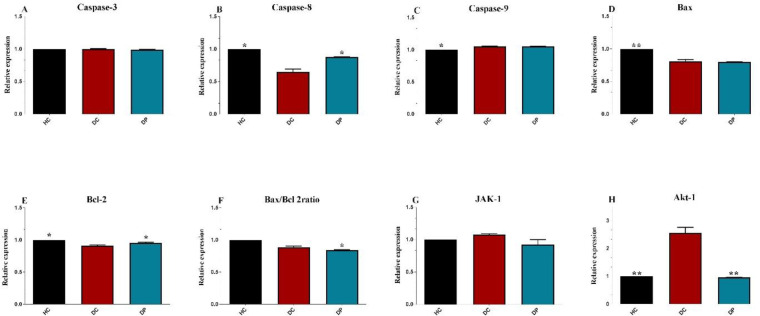Effects of the L. paracasei X12 treatment on apoptosis markers expression. HC: healthy control group; DC: DMH alone group; DP: DMH rats treated by the L.paracasei X12