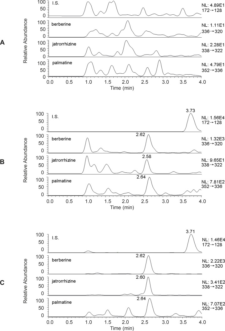 Representative SRM chromatograms for analytes in (A) a blank plasma sample (B) a blank plasma spiked with standard at the LLOQ, I.S. at 200 ng/mL (C) a plasma sample after administration of Zuojinwan