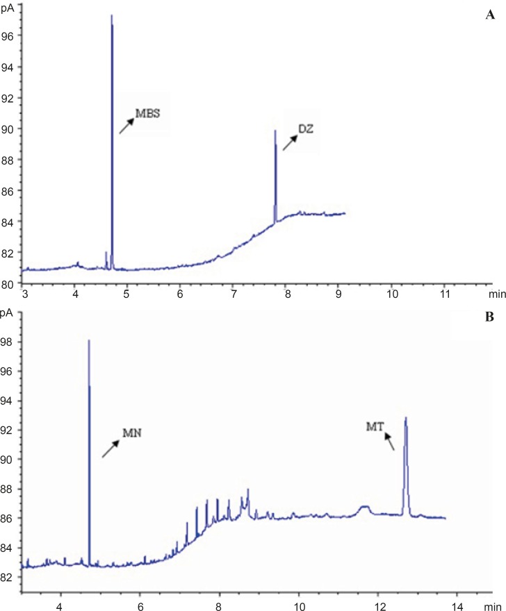 GC-FID Chromatogram of solutions of Libavit K® ampoule containing MSB (A) direct analysis of MSB (B) analysis of MN by converting MSB to MN