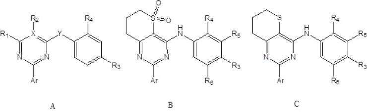 General structures of 2-arylpyrimidines (A), triazines (A) and thiopyrano[3,2-d]Pyrimidine (B and C).