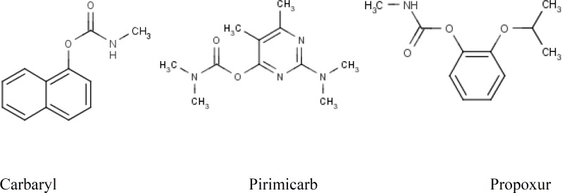 Chemical sctructures of Carbaryl, Pirimicarb and Propoxur
