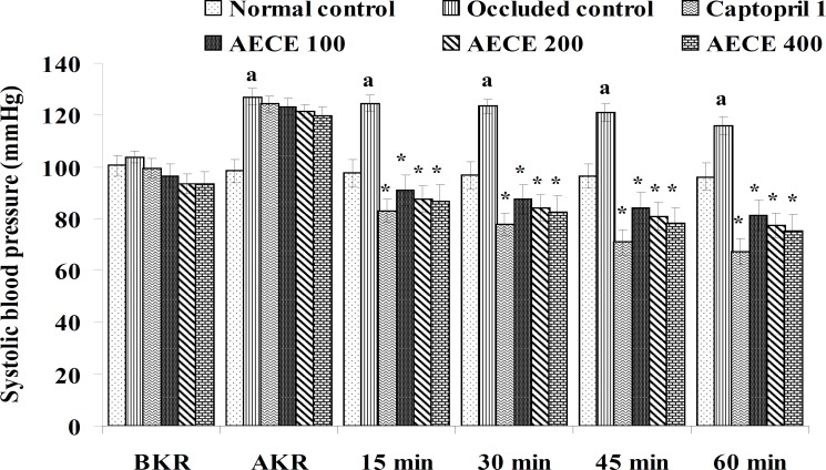 Effect of AECE on SBP in renal artery-occluded hypertensive rats. Values are expressed as mean ± SEM (n = 6). ap < 0.05 as compared with normal control (Student t-test), *p < 0.05 as compared with occluded control (one-way ANOVA followed by Dunnett’s test).