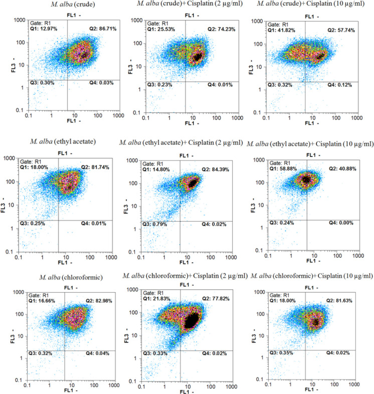 Findings in related to Annexin V-FITC vs. propidium iodide quantitation of AGS cells treated with M. alba extracts in addition to cisplatin (single and combination manner). FL1 and FL2 channels are related to Annexin V and FITC