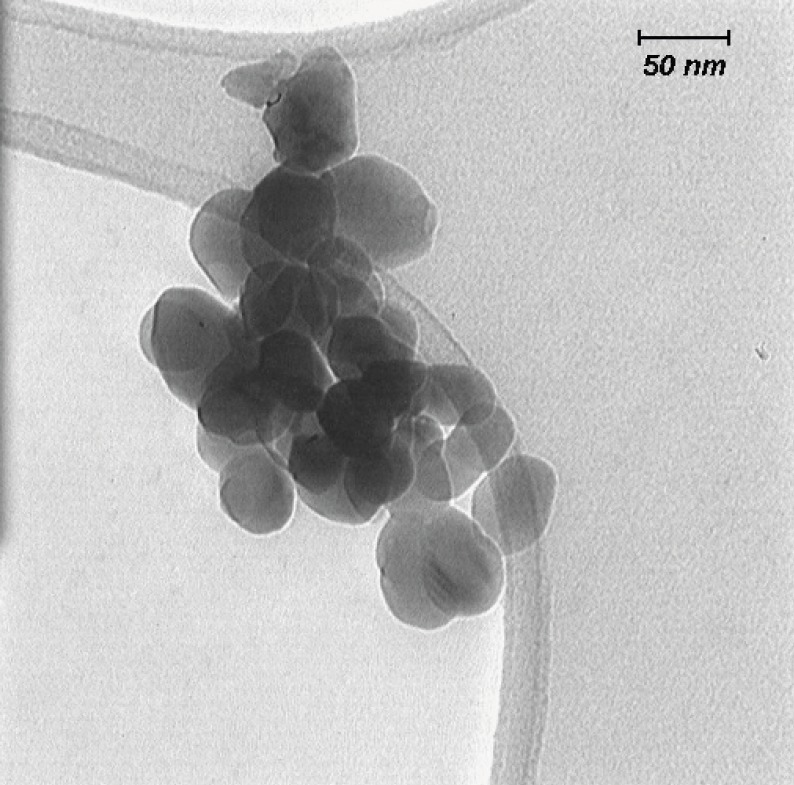 Transmission Electron Microscopy (TEM) micrograph of nanoscale zirconium dioxide suspended in media and dispersed by an ultrasonic bath