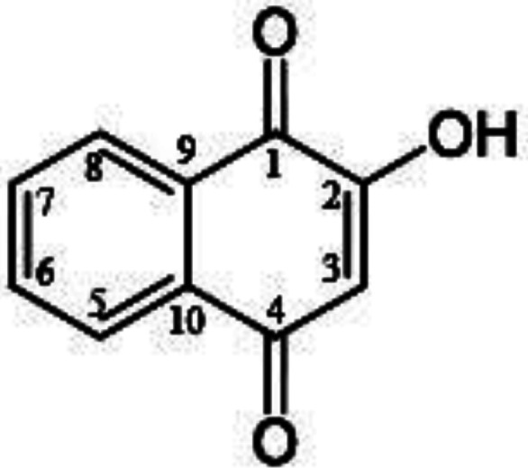 Chemical structure of lawsone (2-hydroxy-1,4-naphtoquinone).