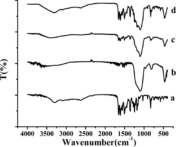 FTIR spectra of the samples. (a) raw AP, (b) MSN, (c) AP-MSN solid dispersion, (d) physical mixture of AP/MSN 1:1