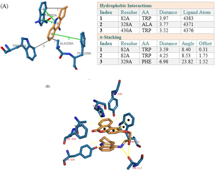(A) Interactions of tacrine with the residues in the binding site of BuChE receptor (4BDS). (B) Compound 1 interactions with 4BDS