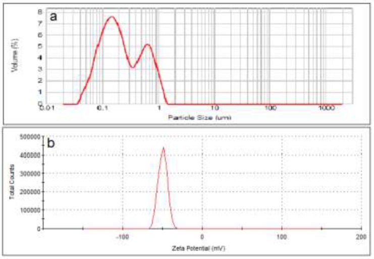 Particle size distribution (a) and zeta potential (b) of anionic liposomes (DSPC: DSPG: cholesterol