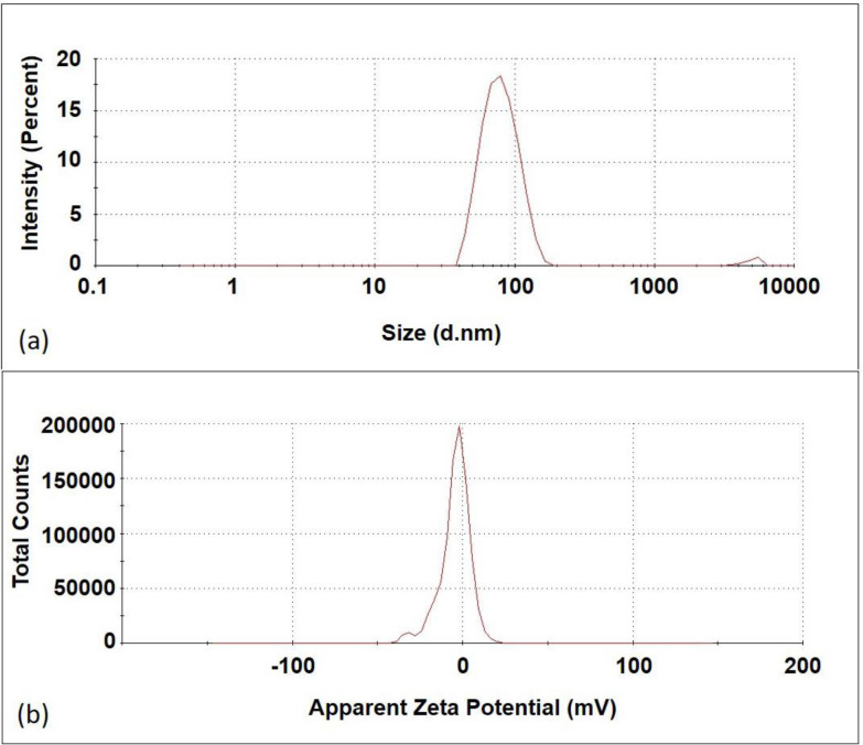 Size distribution and zeta potential of liposomal formulation; nanoliposome size is 83.87 ± 8.49 nm (mean ± SD, n=3) and zeta potential is -4.66 ± 0.7 mV (mean ± SD, n = 3).