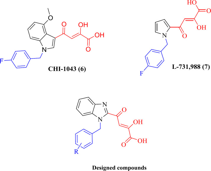 IN inhibitors (CHI-1043 (6), L-731,988 (7)) and designed compounds