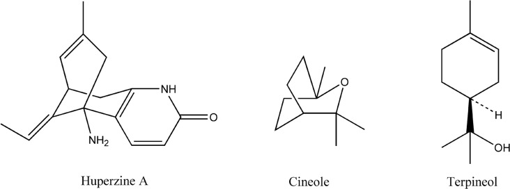 Chemical structures of huperzine A, cineole and terpineol