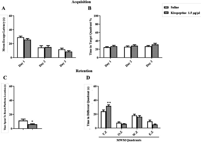 Effect of KP-13 on memory consolidation of the MWM test. (A and B) kisspeptin (1.5 µg/µL) treated group learned the task as the control group. (C and D) but the injection of KP-13 after training each day, significantly improved the memory consolidation comparing to the saline group as it is shown by decreasing the mean escape latency and increasing the time spent in the target zone. *p < 0.05, **p < 0.01 compared to the control group. T.Z: Target Zone; O.Z: Opposite Zone; W.Z: West Zone; E.Z: East Zone