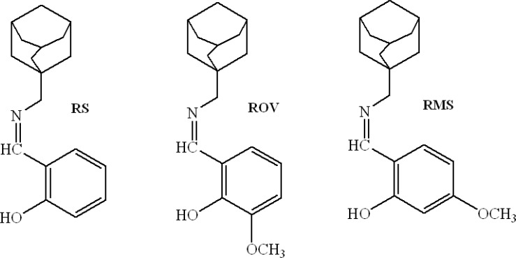 Molecular structures of rimantadine-salicylaldehyde (RS), rimantadine-o-vanillin (ROV) and rimantadine-4-methoxy- salicylaldehyde (RMS) Schiff bases