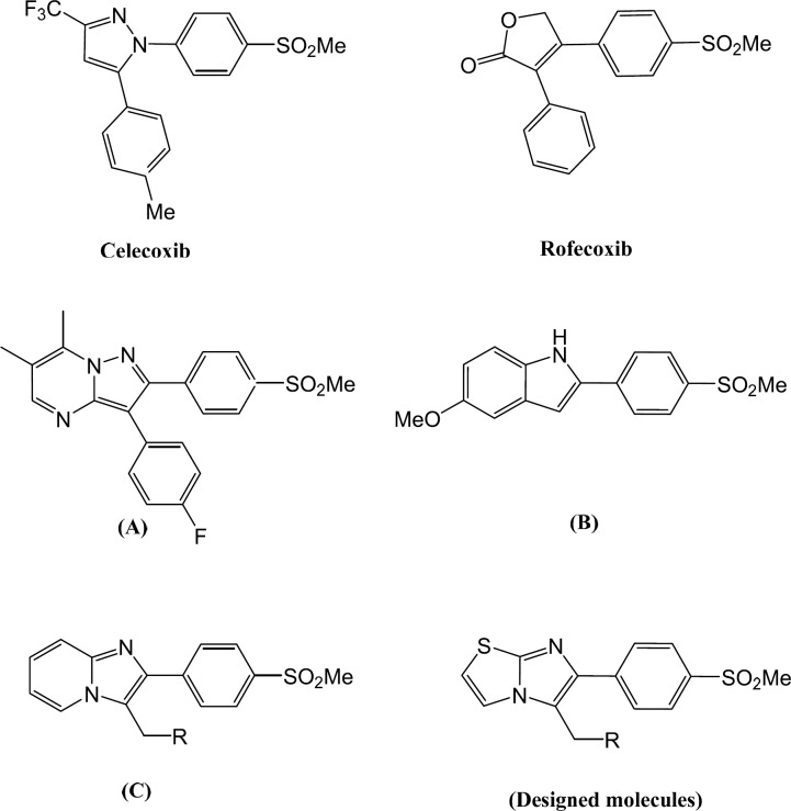 Chemical structures of COX-2 inhibitors (Celecoxib and Rofecoxib), lead compounds (A, B, C) and our designed molecules