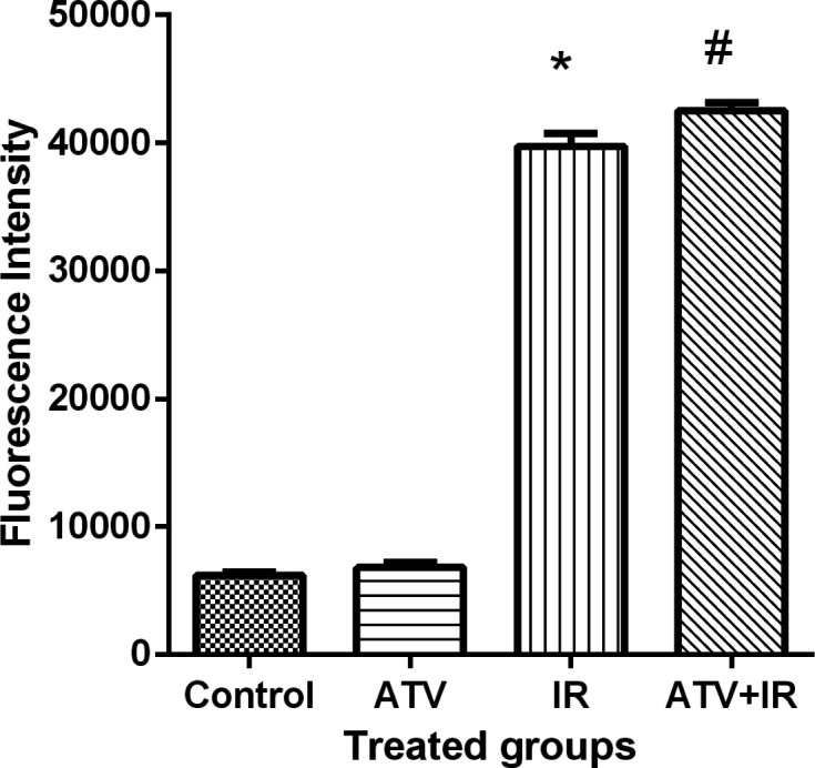 Effect of atorvastatin (ATV) at concentration 10 µM alone and in combination with X-ray ionizing radiation (IR) on reactive oxygen species (ROS) production in MDA-MB-231 cells. ROS were determined with DCF fluorescence assay. *P < 0.001, comparison between IR group with control and ATV groups; #P < 0.05 comparison between ATV + IR with IR