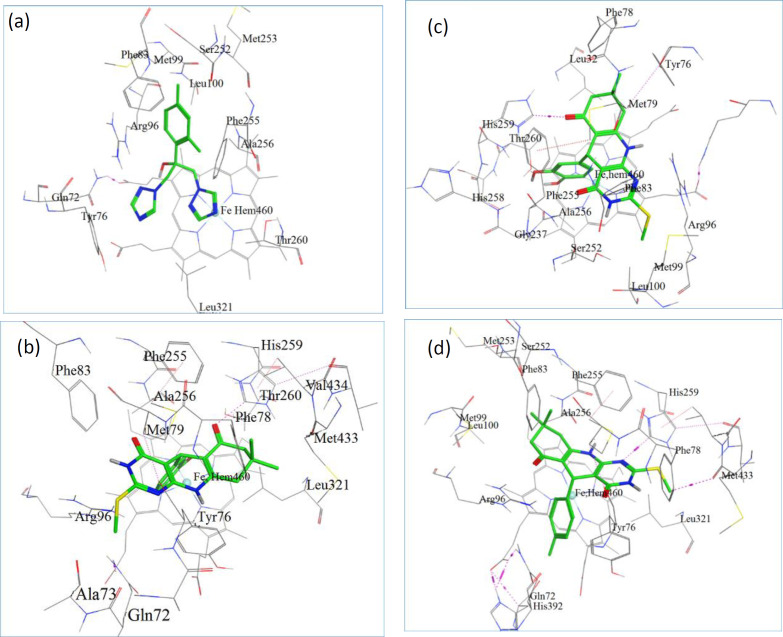 (a) The docked configuration of Fluconazole in the binding site of lanosterol 14α-demethylase (CYP51); (b) the docked configuration of D9; (c) the docked configuration of D10; and (d) the docked configuration of D13 in the binding site. Hydrogen bonds are shown as purple dotted lines