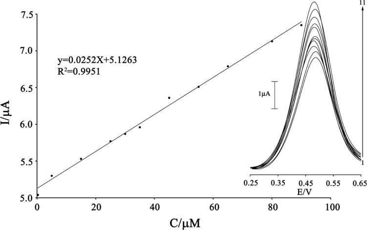 The plots of the electrocatalytic peak current as a function of CAP concentration. Inset shows the SWVs of MWCNTPE in the presence 200 µmol L-1 ISPT (pH 4.0) containing different concentrations of CAP. From inner to outer (1–11) correspond to 0.3, 0.5, 15.0, 25.0, 30.0, 35.0, 45.0, 55.0, 65.0, 80.0, and 90.0 μmol L−1 of CAP