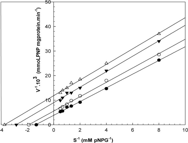 Lineweaver-Burk plots derived from the inhibition of α-glucosidase by 1-(S)-α-pinene. α-glucosidase was treated with each stated concentration of pNPG (0.125-2 mM) in the absence and presence of 1-(S)-α-pinene. The concentrations of 1-(S)-α-pinene were: (●) no inhibitor; (○) 0.250 μL/mL; (▼) 0.580 μL/mL; and (Δ) 1.160 μL/mL. The enzyme reaction was performed by incubating the mixture at 37ºC for 30 min.