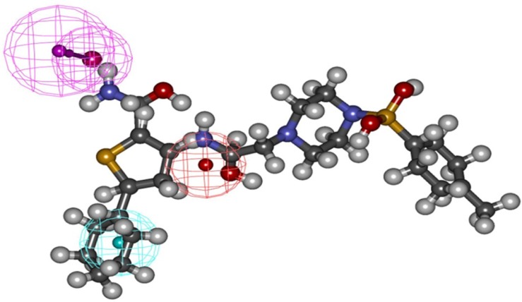 The pharmacophore overlay of the compound C38472 on the Hypo1