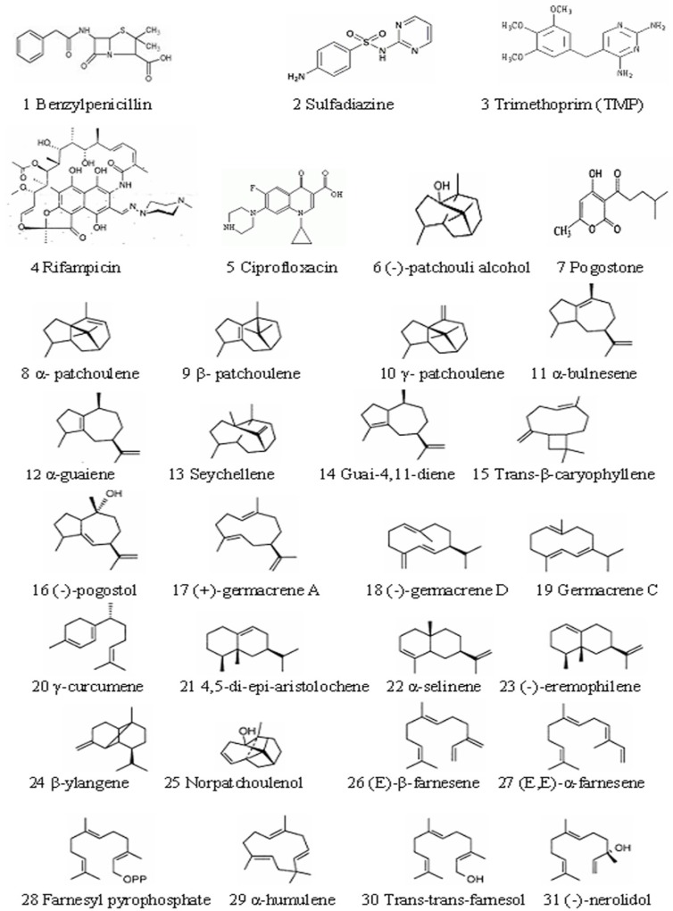 Chemical structures of 5 compared components and 26 chemical compounds in patchouli oil.