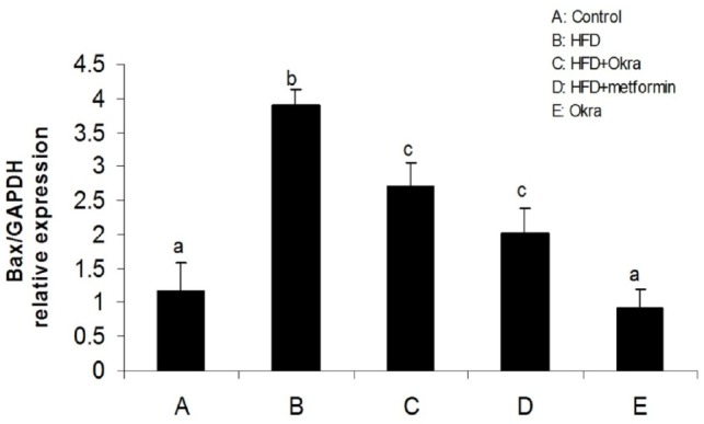mRNA level of Bax gene in ovary of diabetic rats after treatment with A. esculentus powder and metformin. Data were presented as the mean ± SD. Different letters denote significant differences (P < 0.05).
