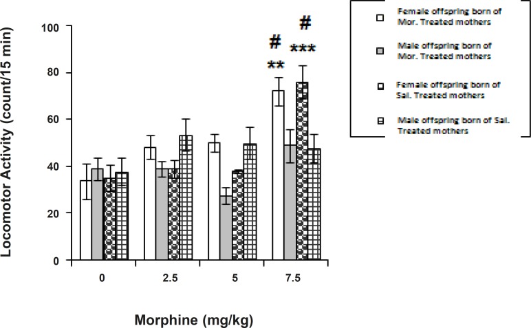 Effect of morphine on locomotor activity of offspring born of saline-treated or morphine-treated offspring through gestation Morphine (2.5-7.5 mg/Kg) or saline (1 mL/Kg) was given subcutaneously (SC) in a 3-day schedule of an unbiased conditioning paradigm. Control groups received saline (1 mL/Kg, SC) twice daily for 3 days. The locomotor activity of conditioned animals during a period of 45 min is assessed as described in Experimental. The data are expressed as mean of counts obtained per animal over a 15 min testing ± SEM. Tukey-Kramer post-hoc analysis showed the differences as follows: **p < 0.01, and ***p < 0.001 difference to respective control groups # p < 0.05 difference between the opposite sexes (Females vs. Males) in the categories
