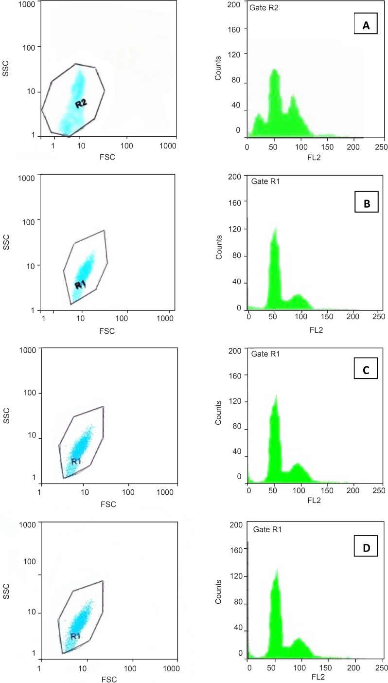 Cell cycle phase distribution of Jurkat cells cultured for 48 h with 150 μg/mL of a:pure SWCNTs, b: Pl-PEG 2000-SWCNTs, c: Pl-PEG 5000-SWCNTs in comparison with, d: control group, analyzed by flow cytometry.