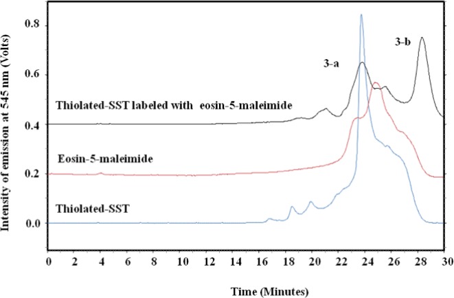 HPLC chromatograph of SST, SST thiolated with Traut´s reagent and labeled with eosin-5-maliemide. Peak (3-a) corresponds to thiolated-SST. Peak (3-b) represents the thiolated-SST labeled with eosin-5-maleimide, which shows a conversion of about 59.1%, confirming that the SST was thiolated by Traut´s reagent. The thiol-reactive eosin-5-maleimide signals were detected using fluorescence detection at 545nm.