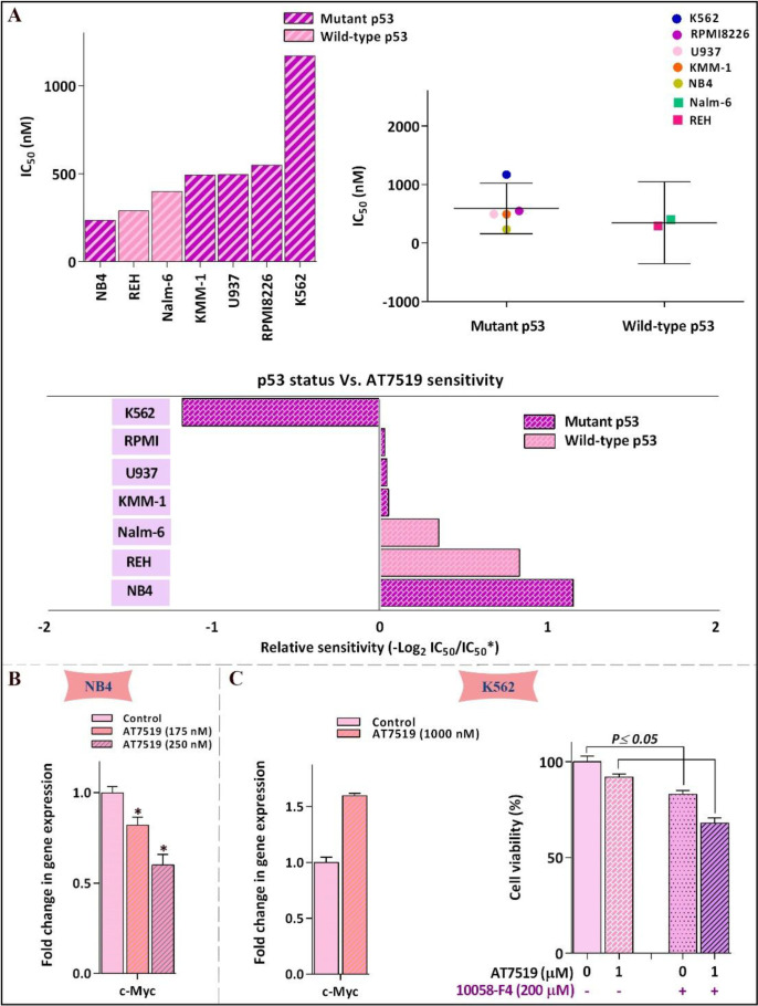 Leukemic cell response to AT7519 was irrespective of p53 status. (A) Relative sensitivity of all tested cell lines to AT7519. IC50 value of different leukemic cell lines to the inhibitor was determined using the formula: −log 2 (IC50 individual cell line/mean IC50 of all cells). There was no evidence of linkage between p53 status and cells sensitivity to AT7519. (B) AT7519 reduced the c-Myc expression in NB4 (C) but not c- in K562, as the less sensitive cell line. Values are provided as mean ± SD of three separated tests. *P ≤ 0.05 represents considerable alters from untreated control