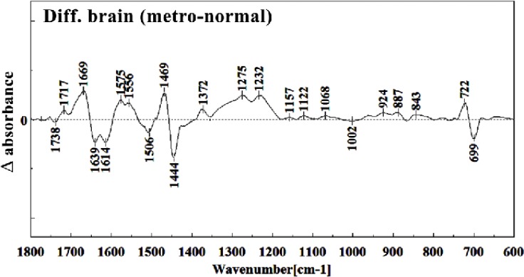 Difference FTIR spectra of Metronidazole-treated brain sections in the 600–1800 cm–1 wave number region from normal brain sections (Metronidazole-treated brain sections spectra-normal brain sections spectra).
