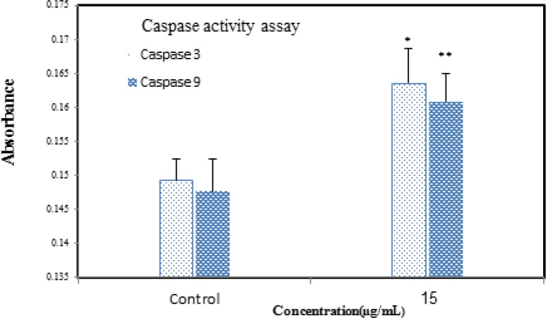 The activity of caspases -3/9 was increased after treatment, which indicates that apoptosis is significant (p>0.05). Data are presented as mean (± S.D.).