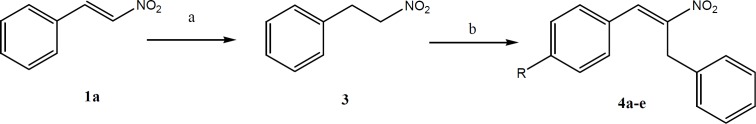 The synthetic pathway for preparation of aryl-2-nitroallylbenzene (4a-e). Reagents and conditions: a) Silica gel, NaBH4, 2-propanol and chloroform; b) Dimethylamine hydrochloride, potassium fluoride, toluene.