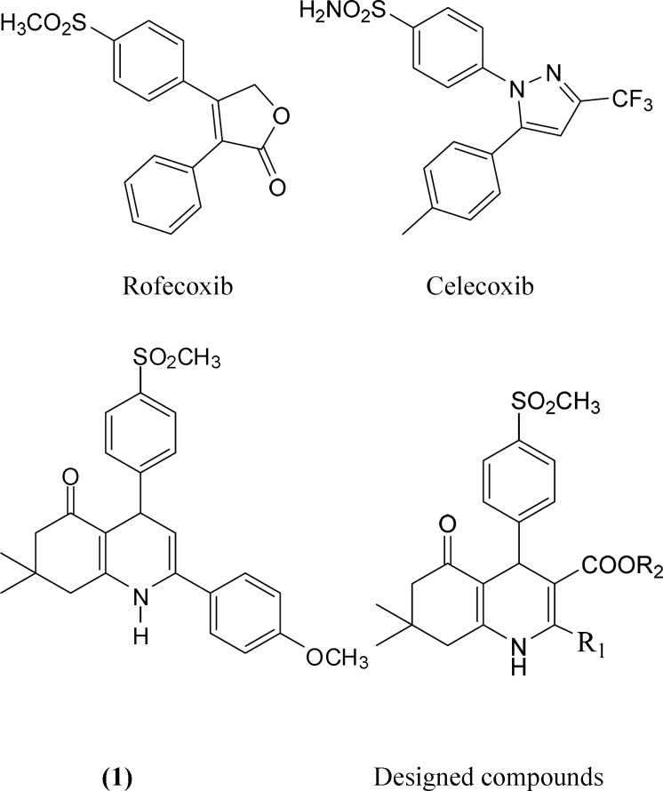 Selective COX-2 inhibitors (Rofecoxib, Celecoxib), lead compound (1) and
designed scaffold.