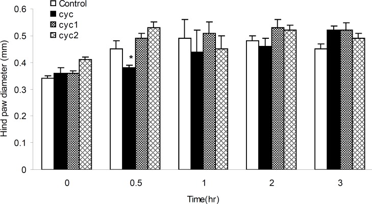 Anti-inflammatory effects of I-III in formalin-induced rat paw edema. Edema was measured in 0, 0.5, 1, 2 and 3 h after the formalin injection. Bars show mean ± SEM of paw diameter. *: p < 0.05 compared with control. (n = 12).