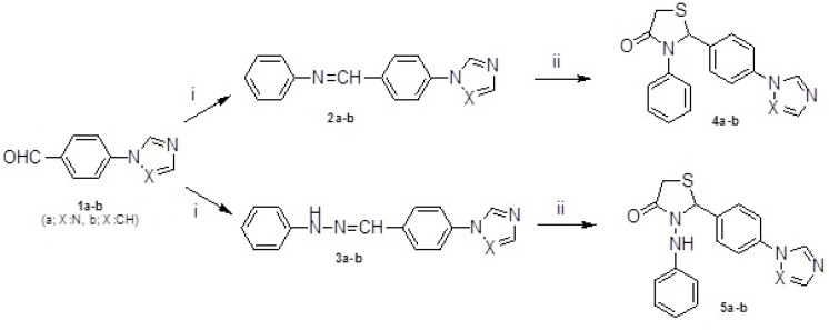 Synthesis of 4a-b and 5a-b. Reagents and conditions: (i) aniline/phenylhydrazine, CH3COOH, methanol, reflux; (ii) mercaptoacetic acid, 60 ºC
