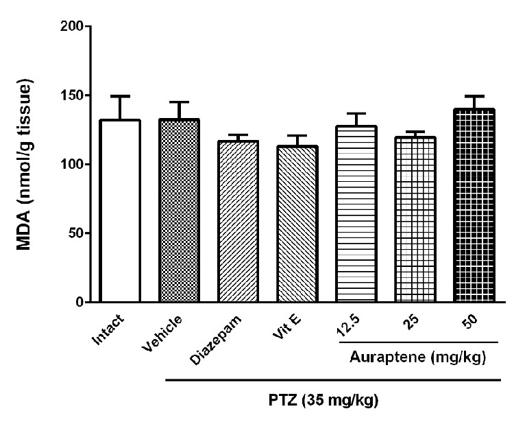 The effect of intraperitoneal injection of auraptene (12.5, 25, 50 mg/kg), vitamin E (150 mg/kg), and diazepam (3 mg/kg) on MDA levels in the brain of pentylenetetrazol kindled rats. Each bar represents mean ± SEM. In each group n 10 =. MDA: malondialdehyde, PTZ: pentylenetetrazol