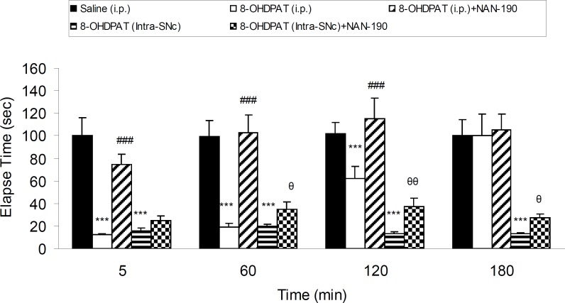 The effect of NAN-190 (0.5 mg/Kg, IP) co-treatment with 8-OHDPAT (1 mg/Kg, IP and 10 μg/rat, intra-SNc) and NAN-190 (10 μg/rat, intra-SNc ) on bar-test in 6-OHDA-lesioned rats in different time points after the treatment. Each bar represents the mean ± SEM of elapsed time (s), n = 8 rats for each group; *** p < 0.001 when compared with saline-treated group. ### p < 0.001 when compared with 8-OHDPAT (1 mg/Kg IP) treated group. θθ: p < 0.01 , θ: p < 0.05 when compared with 8-OHDPAT (Intra-SNc) treated group
