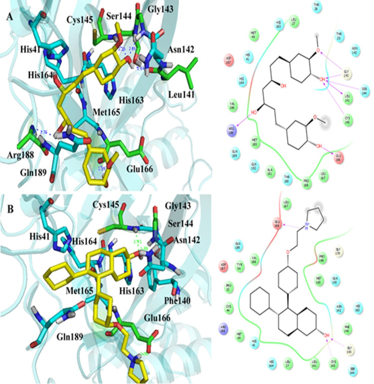 The IFD generated interactions. A) 3D and 2D interactions between curcumin and covid-19 Mpro protein; B) 3D and 2D interactions between lasofoxifene and covid-19 Mpro protein