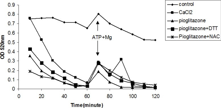 Effects of thiol reductants on mitochondrial swelling induced by pioglitazone and CaCl2.