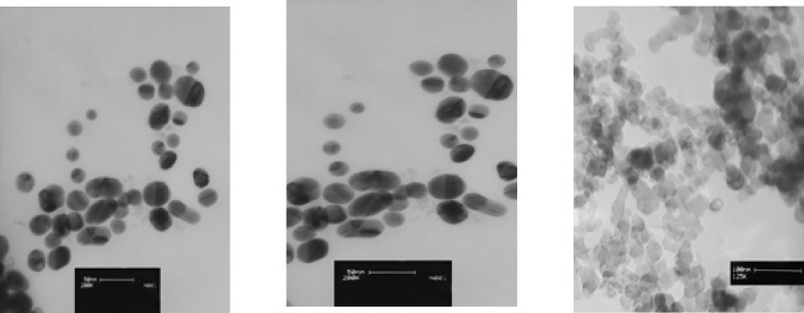 characterization of AgNPs by Transmission Electron Microscopy; A)Representative image of A-AgNP; B) Representative image of B-AgNP; C) Representative image of AgNPs water dispersion