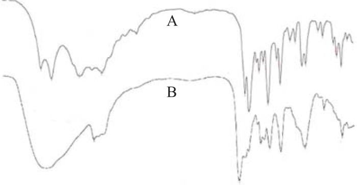 FTIR spectra of the active ingredient (A) and the prepared formulation (B) show no major drug excipients interaction