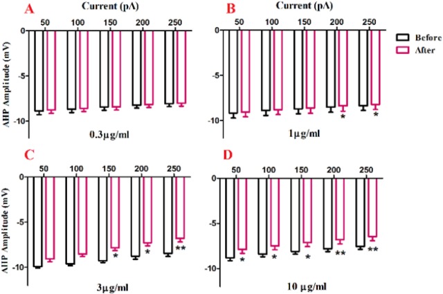 Effect of bath application of BS venom on evoked action potentials by depolarizing currents. Changes in AHP amplitude of evoked action potentials per pulses were assessed before and after bath application of venom at 0.3 (A), 1 (B), 3 (C), and 10 µg/mL (D). Data were shown as mean ± SEM (N = 6-8 cells). *p <0.05, **p <0.01, ***p <0.001 and ****p <0.0001 compared with the values before bath application of BS venom