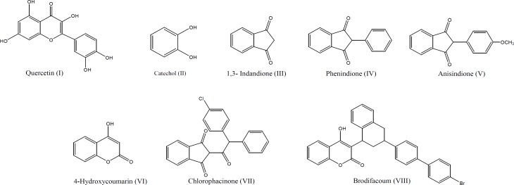 Chemical structures of quercetin, catechol, 1,3-Indandione and coumarin derivatives