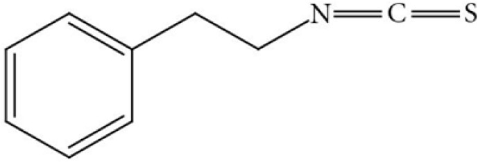 Chemical structure of Phenethyl isothiocyanate (PEITC). IUPAC (2-Isothiocyanatoethyl) benzene