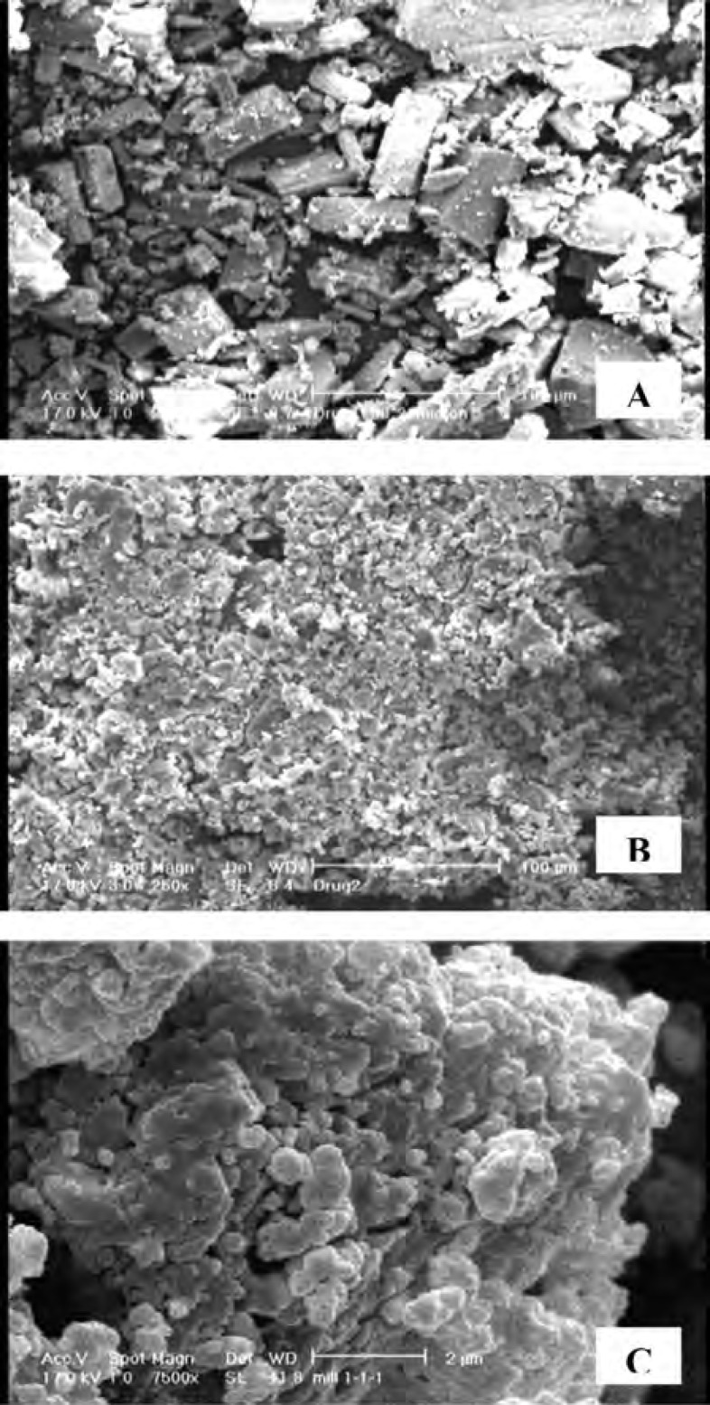 Scanning electron micrographs of: A) untreated CLA (× 250), B) co-ground sample (S6) (× 250) and C) co-ground sample (S6) (× 7500).